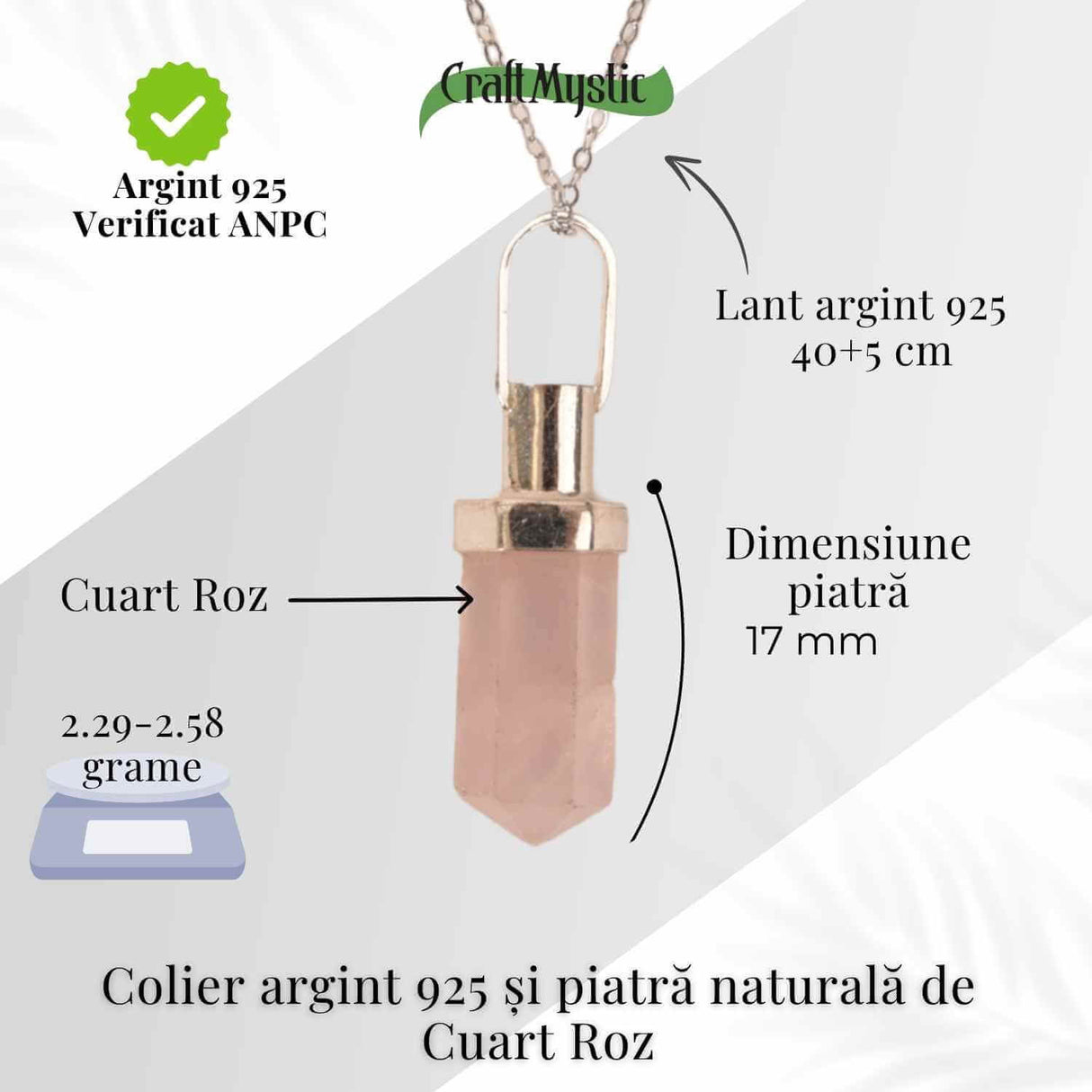 Colier Argint 925 cu Cuart Roz Natural - Echilibru, Iubire si Energie Pozitiva