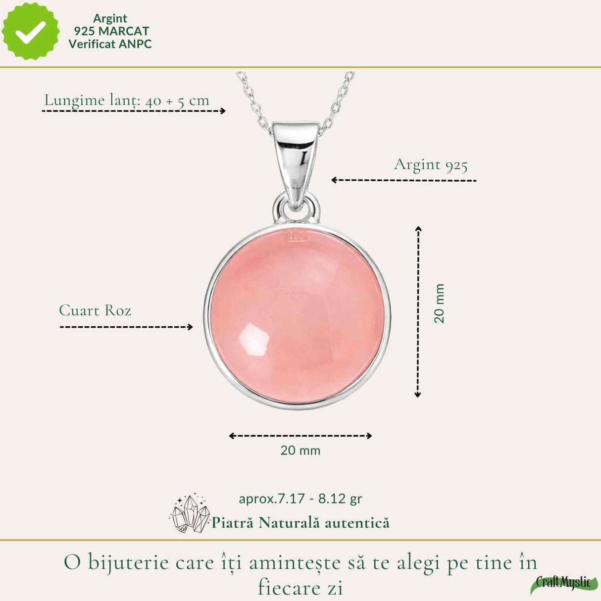 Colier argint 925 cu Cuart Roz rotund – iubire de sine si armonie interioara