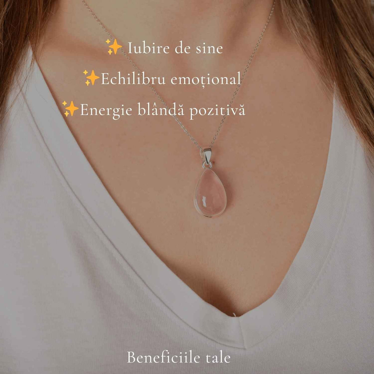 Colier argint 925 cu Cuart Roz lacrima – iubire de sine si echilibru emotional