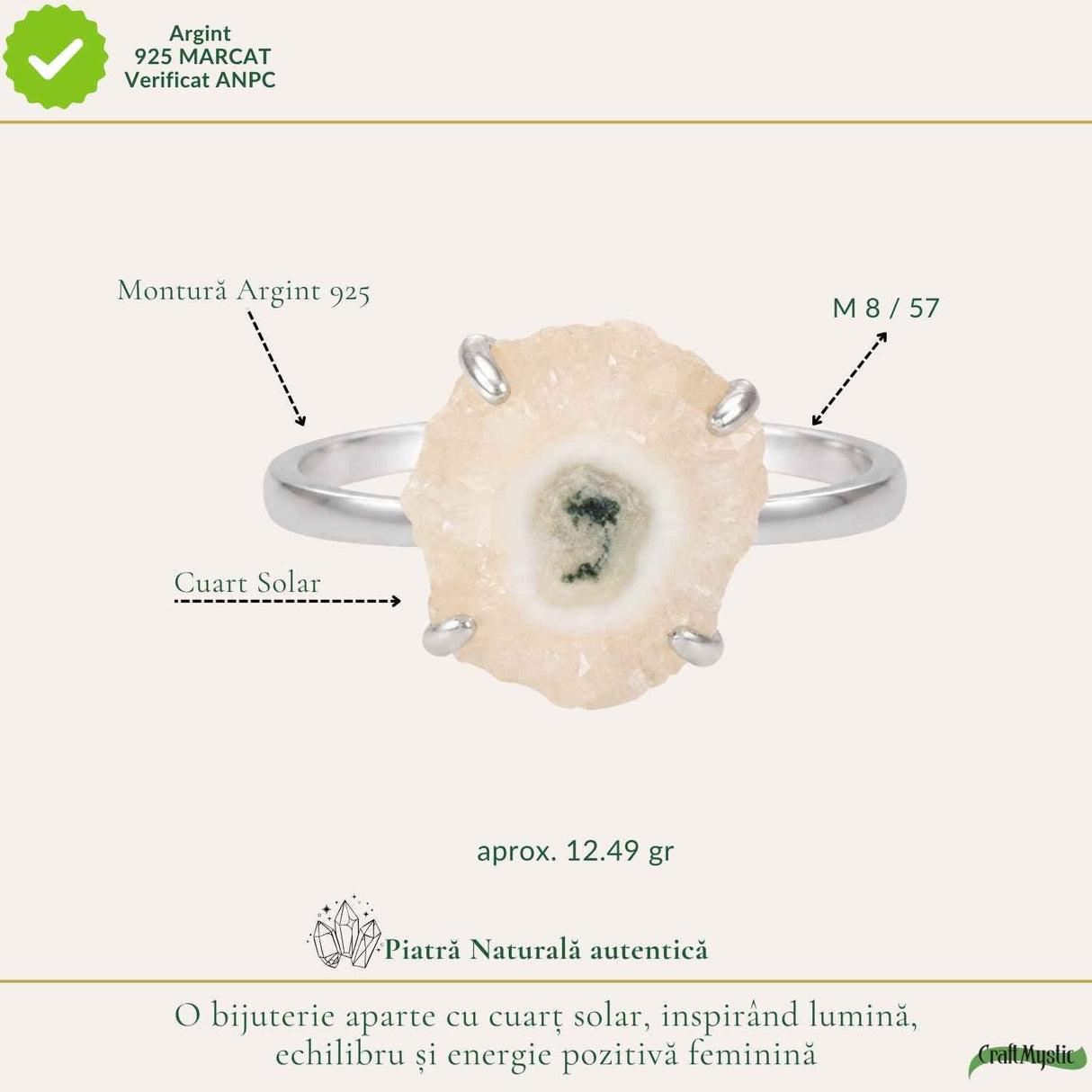 Inel Argint 925 cu Cuart Solar Neuniform – Energie Si Eleganta Naturala