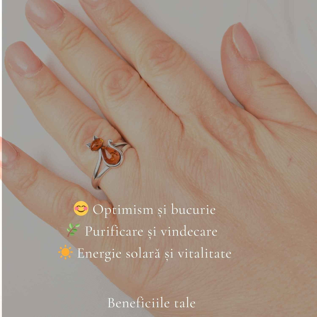Inel Argint 925 Pisica cu Chihlimbar Natural - Intuitie, Energie Calda si Farmec