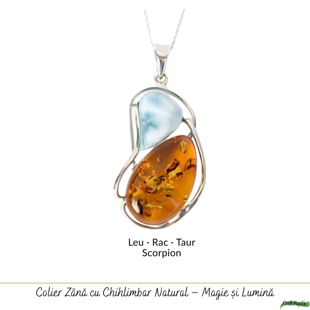 Colier Argint 925 cu Chihlimbar si Larimar Natural - Energie Calda si Echilibru