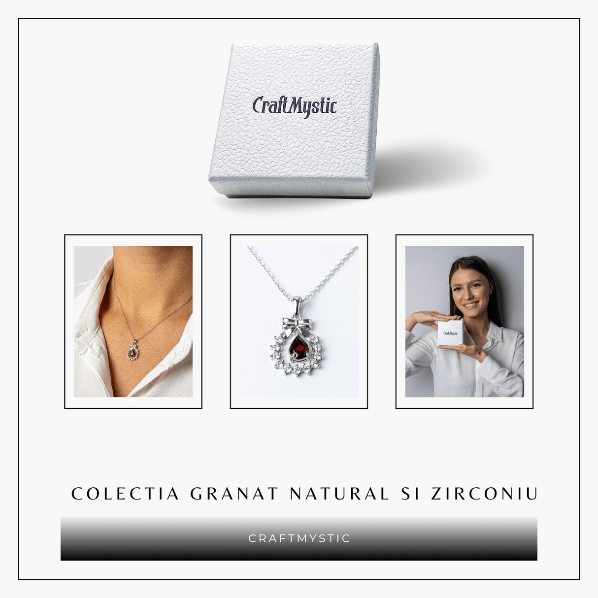 Colier Argint 925 cu Granat Natural si Zirconiu - Pandantiv Ghirlanda cu Fundita, Simbol al Energiei si Protectiei