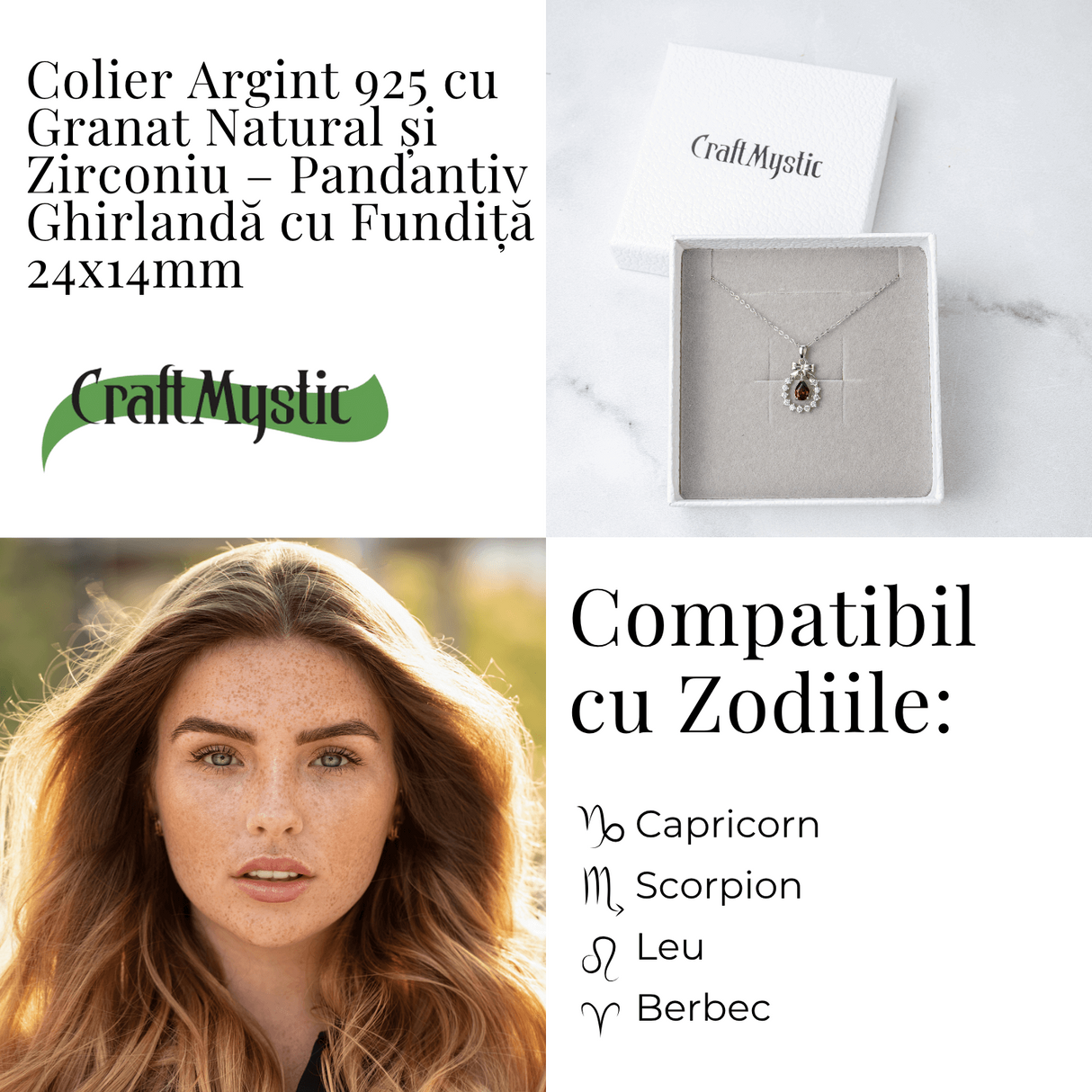 Colier Argint 925 cu Granat Natural si Zirconiu - Pandantiv Ghirlanda cu Fundita, Simbol al Energiei si Protectiei