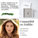 Colier Argint 925 cu Granat Natural si Zirconiu - Pandantiv Ghirlanda cu Fundita, Simbol al Energiei si Protectiei