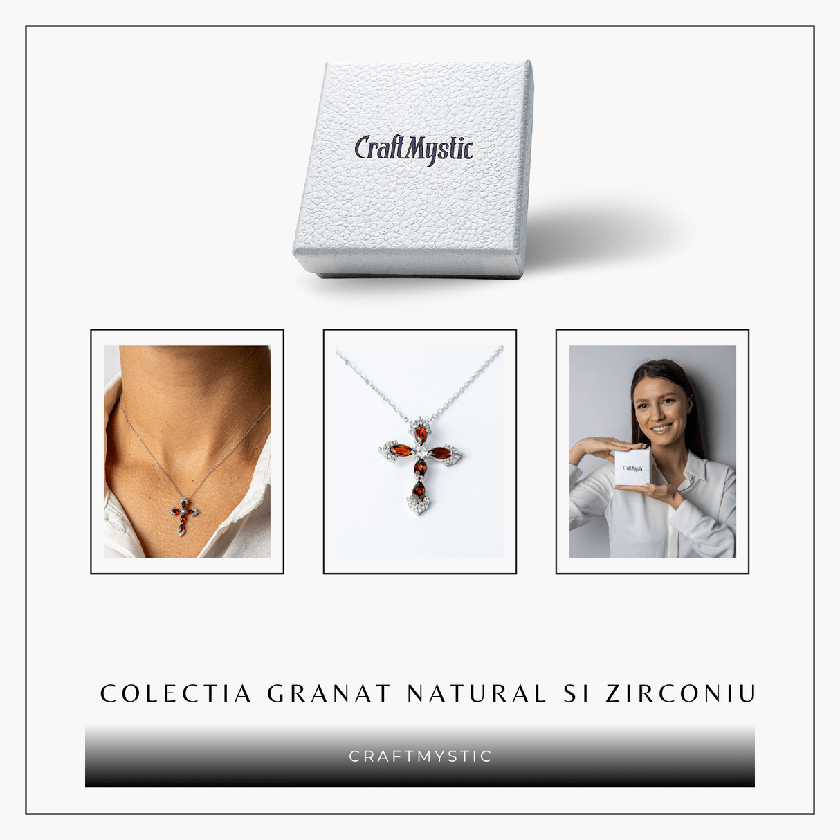 Colier Argint 925 cu Crucifix din Granat Natural si Zirconiu - Simbol al Energiei Vitale, Pasiunii si Protectiei Interioare