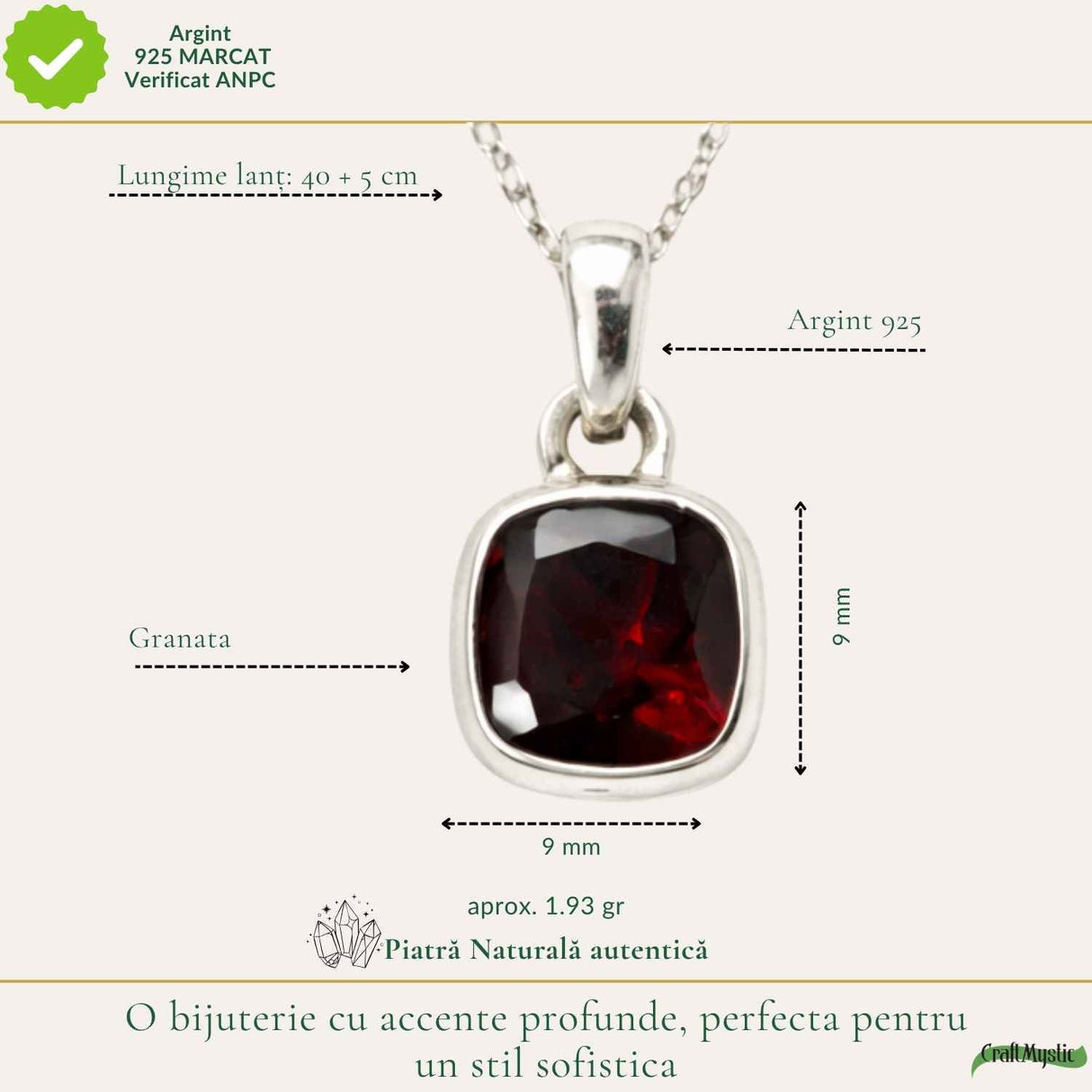 Colier Argint 925 cu Granat Patrat – Stabilitate si Energie Interioara