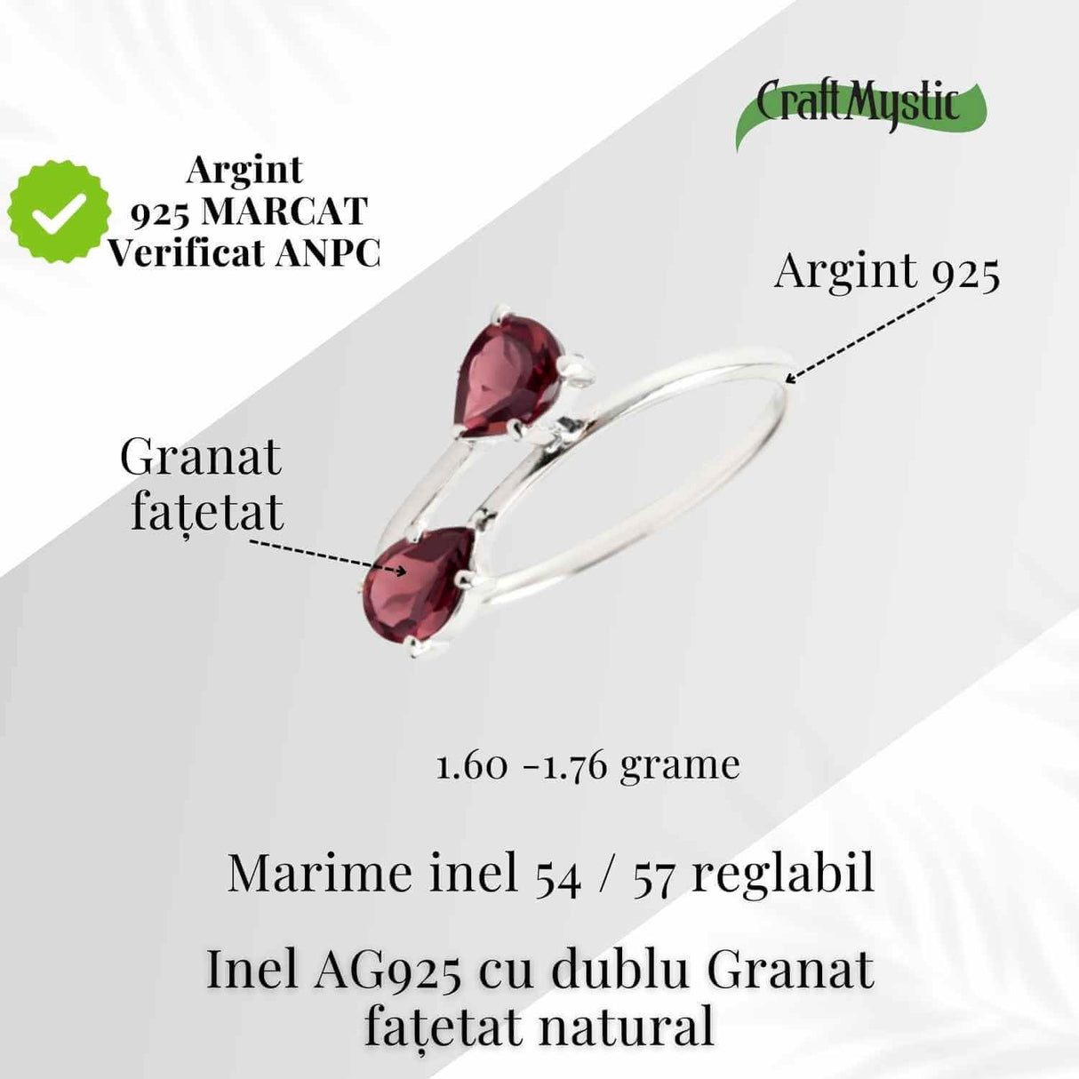 Inel reglabil din argint 925 cu dublu granat, pentru energie si stabilitate interioara