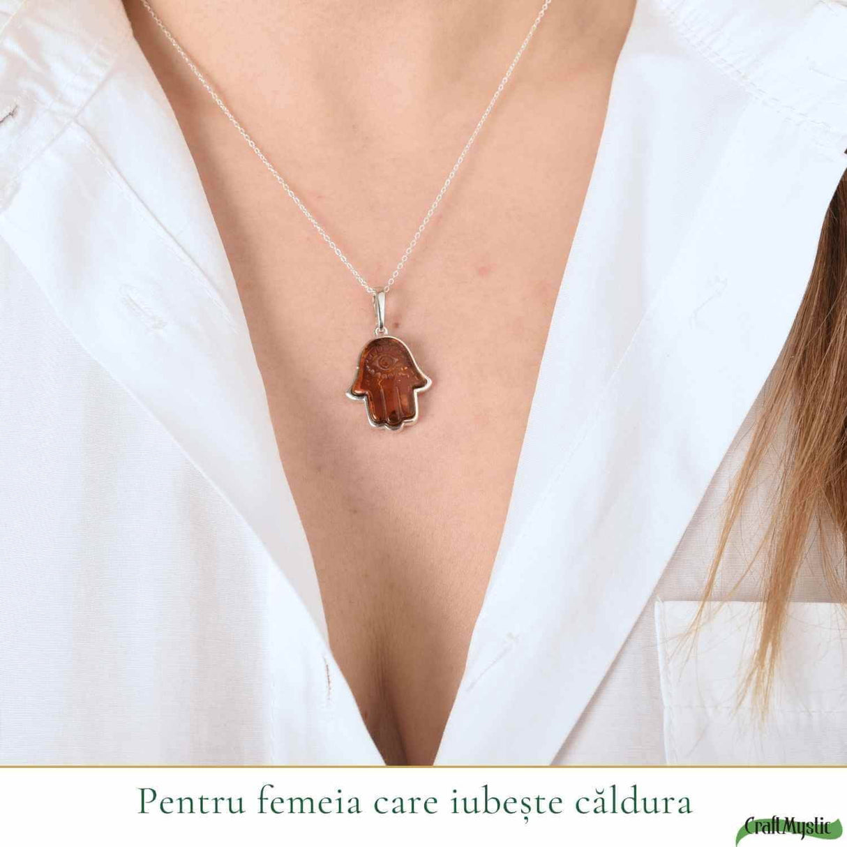 Colier argint 925 cu Mana lui Fatima si chihlimbar natural - Protectie si vitalitate