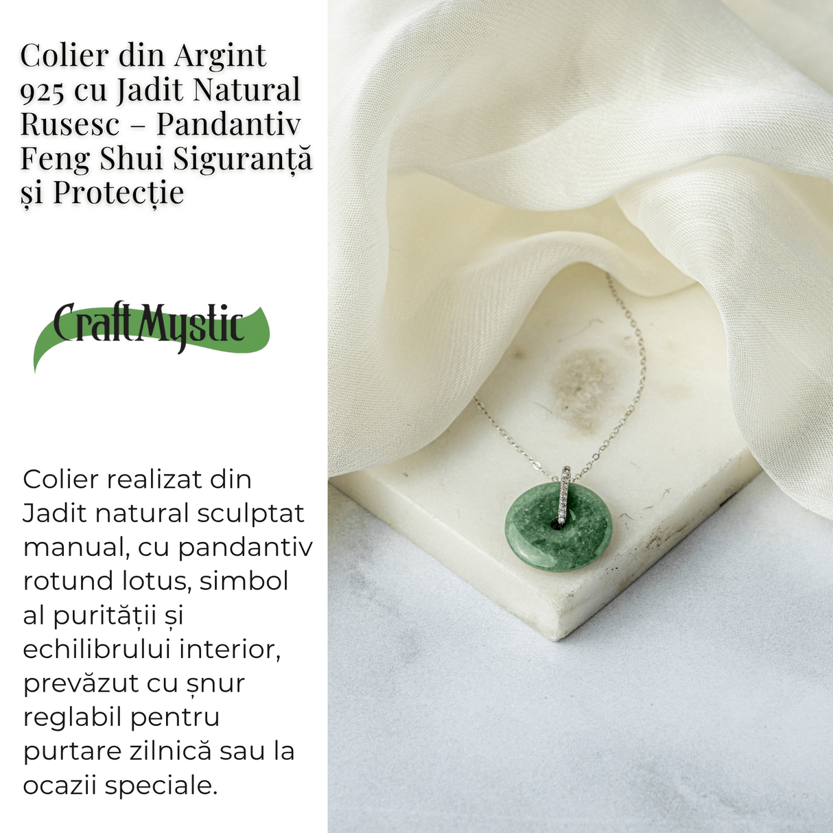 Colier Argint 925 cu Jadit Natural Rusesc in Forma Rotunda - Echilibru, Noroc si Protectie Spirituala