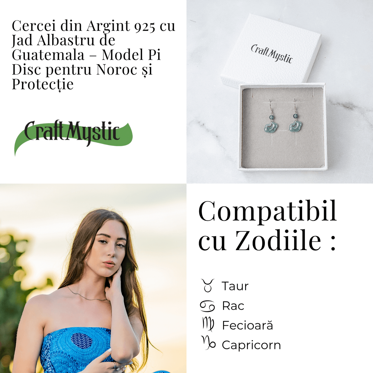 Cercei Argint 925 cu Jad Albastru Guatemala - Model Nor Pi Disc pentru Noroc si Protectie