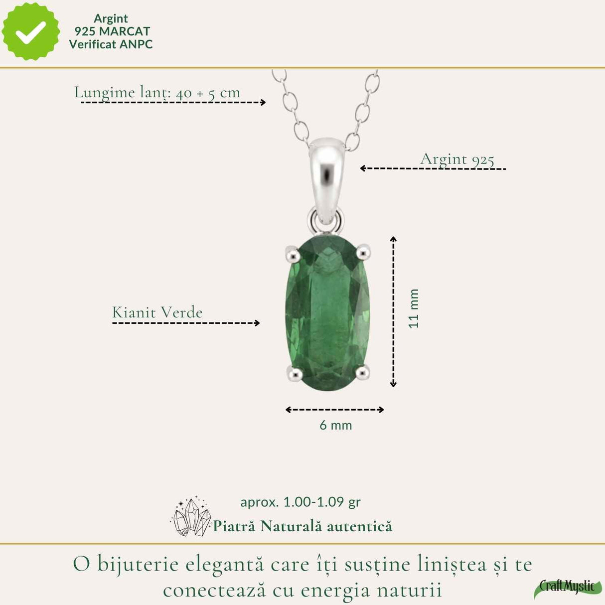 Colier Argint 925 cu Kianit Verde Fatetat – Echilibru si Claritate