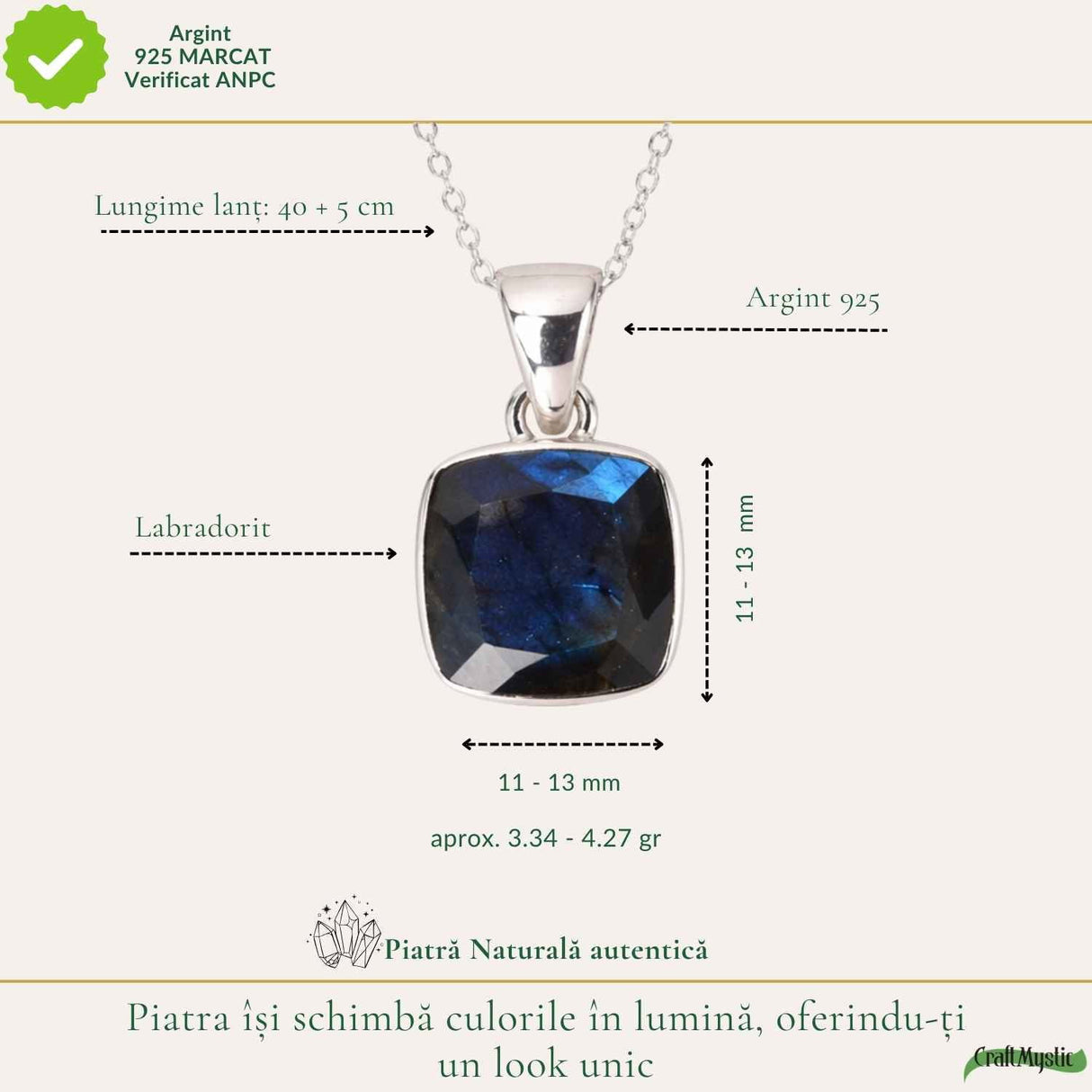 Colier Argint 925 cu Labradorit Fațetat Patrat – Claritate si Protectie