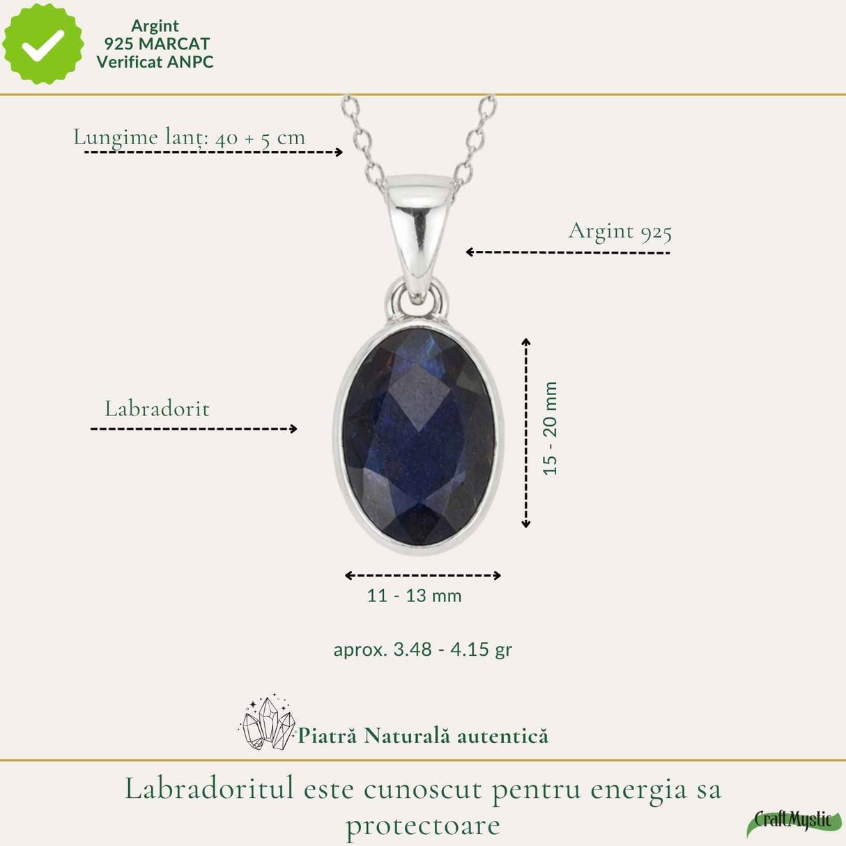 Colier Argint 925 cu Labradorit Fatetat Oval – Intuitie si Protectie
