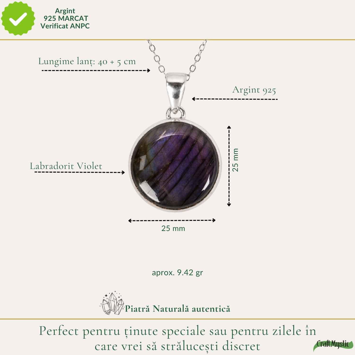 Colier Argint 925 cu Labradorit Violet Rotund – Protectie si Echilibru