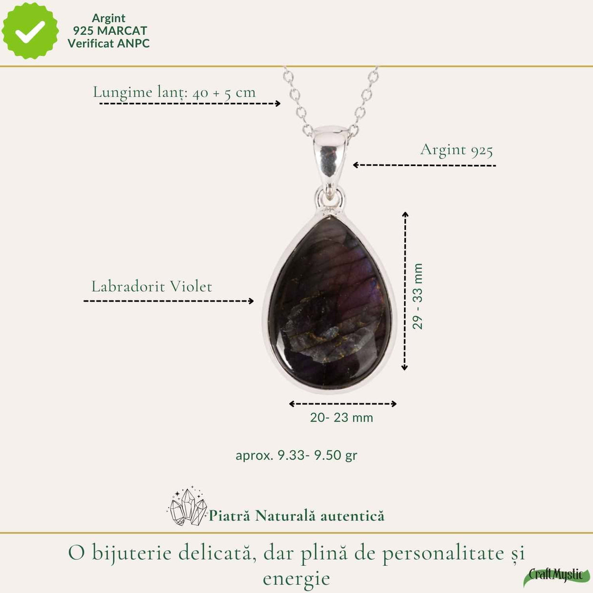 Colier Argint 925 cu Labradorit Violet Lacrima – Intuitie si Protectie
