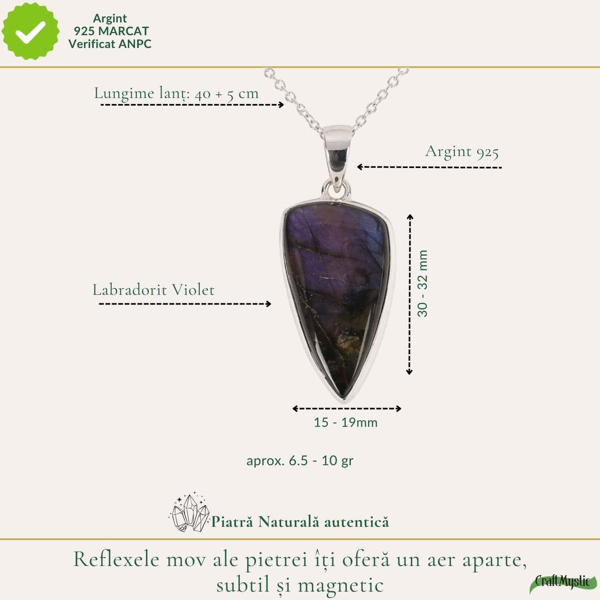 Colier Argint 925 cu Labradorit Violet Neuniform – Protectie si Intuitie