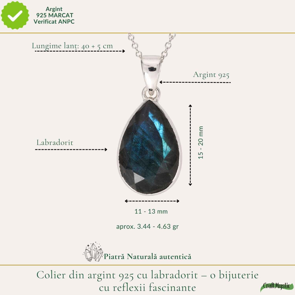 Colier Argint 925 cu Labradorit Fatetat Lacrima – Intuitie si Eleganta