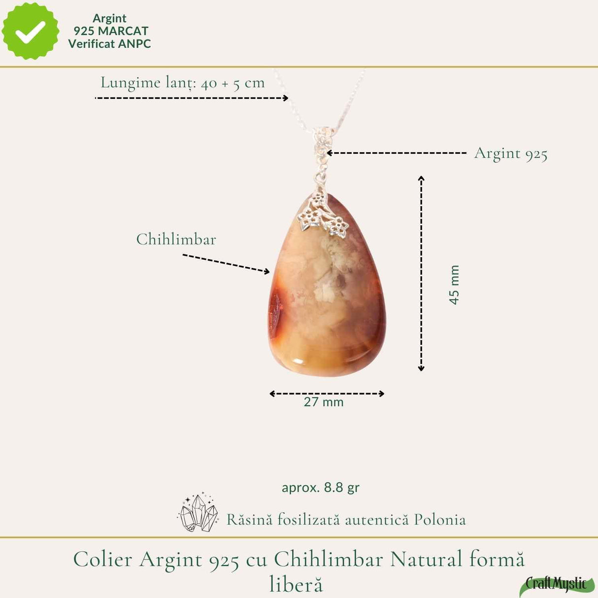 Colier argint 925 cu lacrima mare si chihlimbar natural - Energie solara si vitalitate