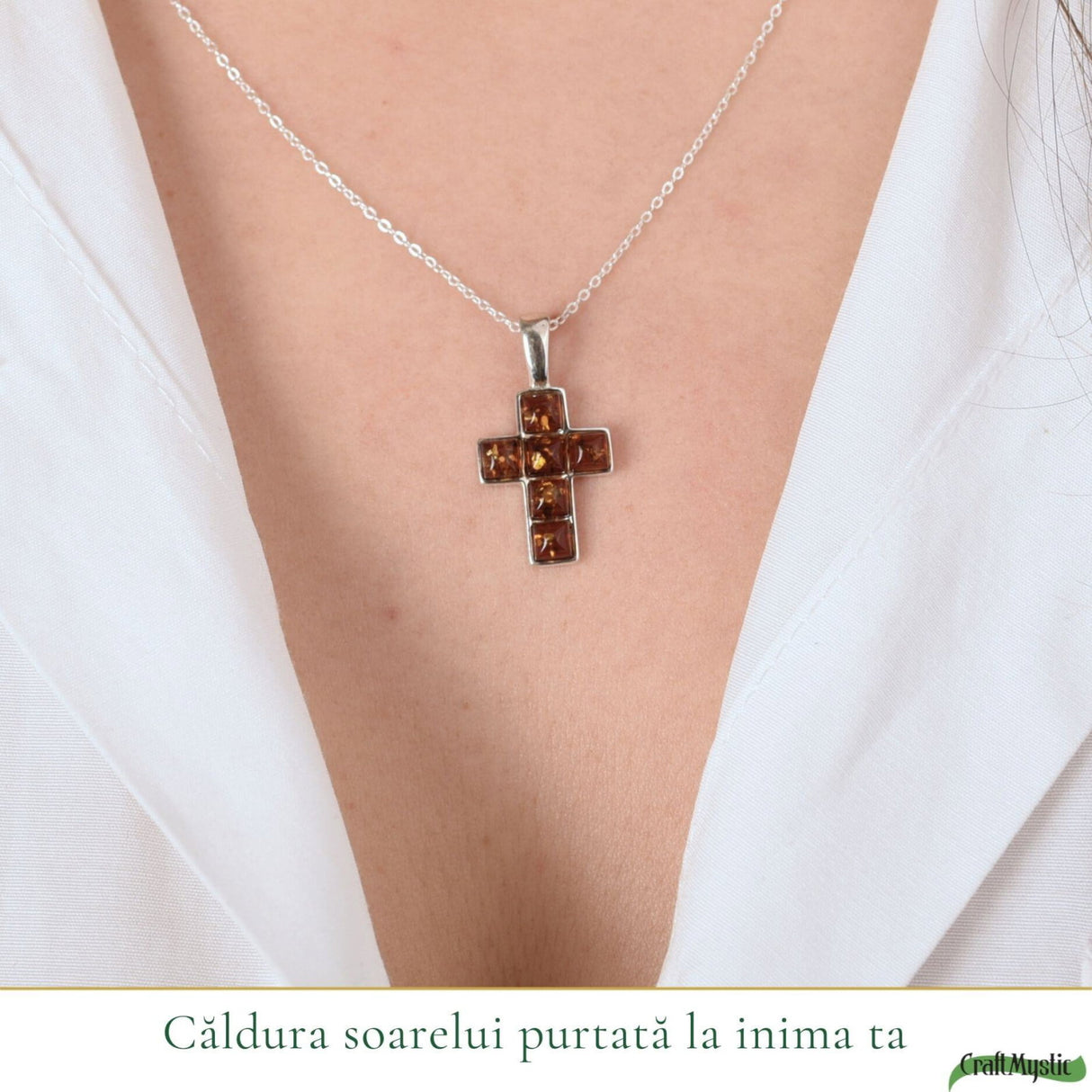 Colier argint 925 forma cruce si chihlimbar natural - Protectie si energie solara