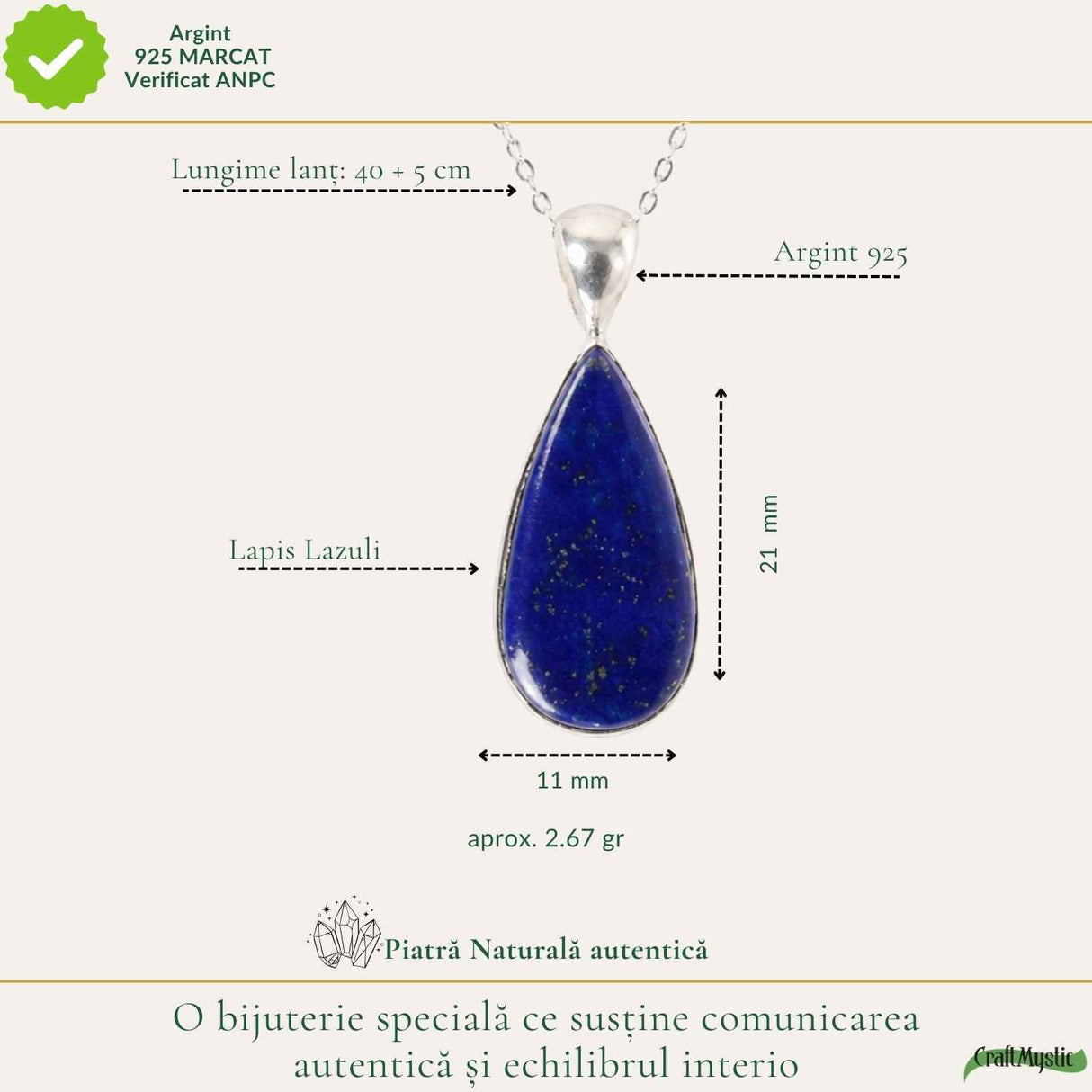Colier argint 925 cu Lapis Lazuli lacrima – Claritate mentala si liniste interioara