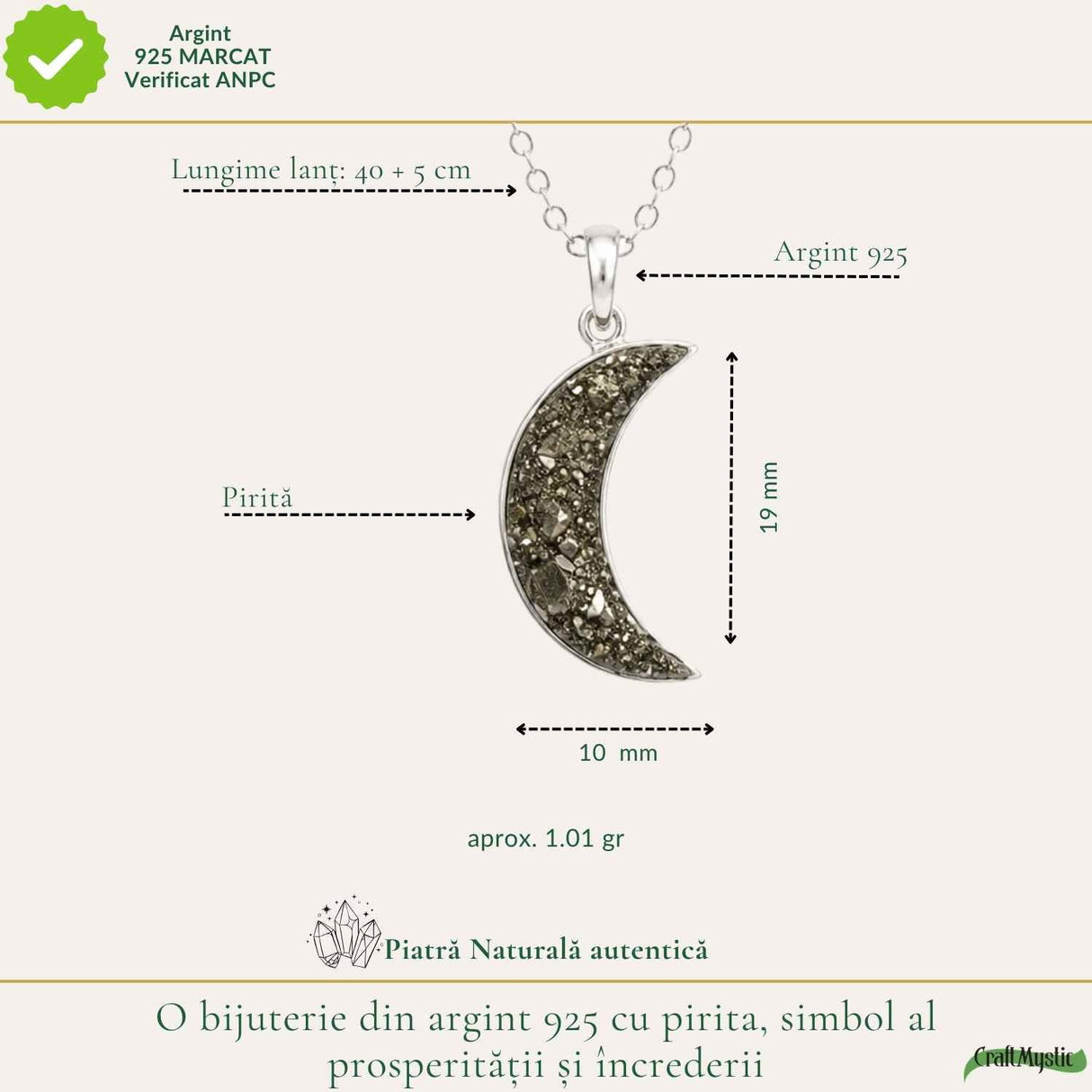 Colier argint 925 cu Pirita semiluna – Prosperitate si protectie energetica