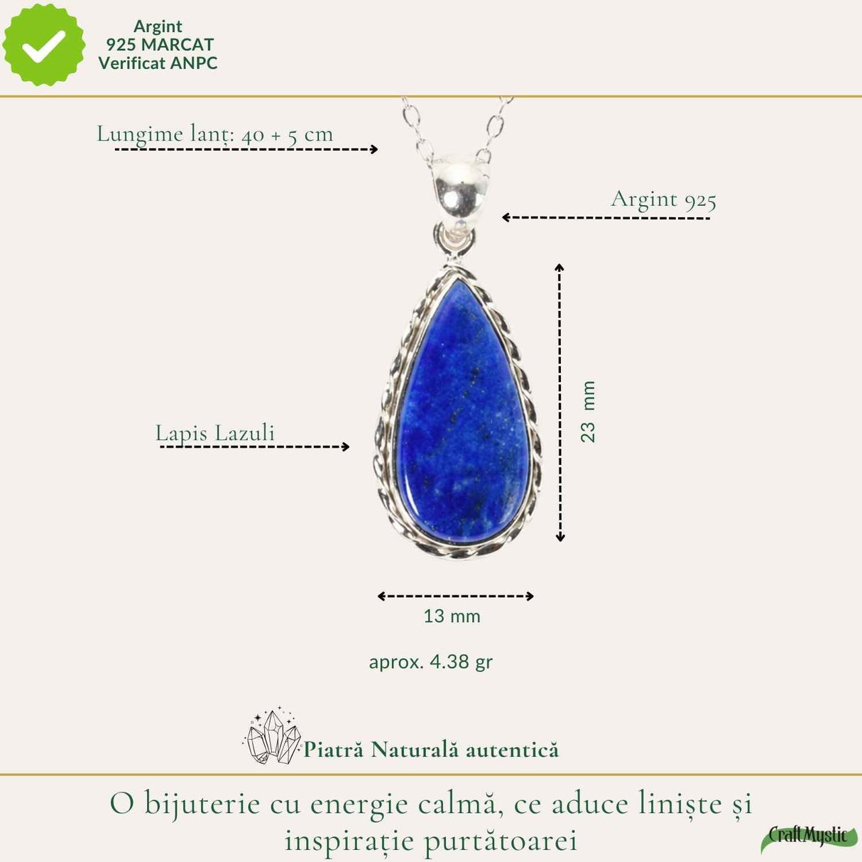 Colier argint 925 cu Lapis Lazuli forma de lacrima – Claritate mentala si echilibru interior