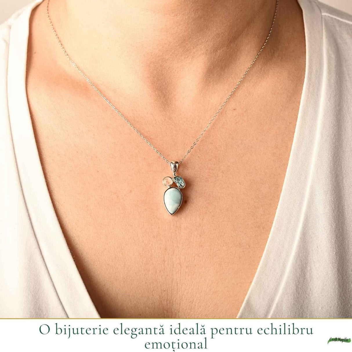 Colier Argint 925 cu Larimar, Apatit Albastru si Piatra Lunii Floare – Feminitate si Calm
