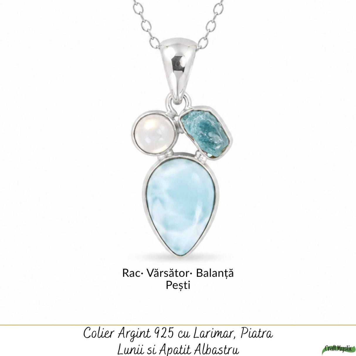 Colier Argint 925 cu Larimar, Apatit Albastru si Piatra Lunii Floare – Feminitate si Calm