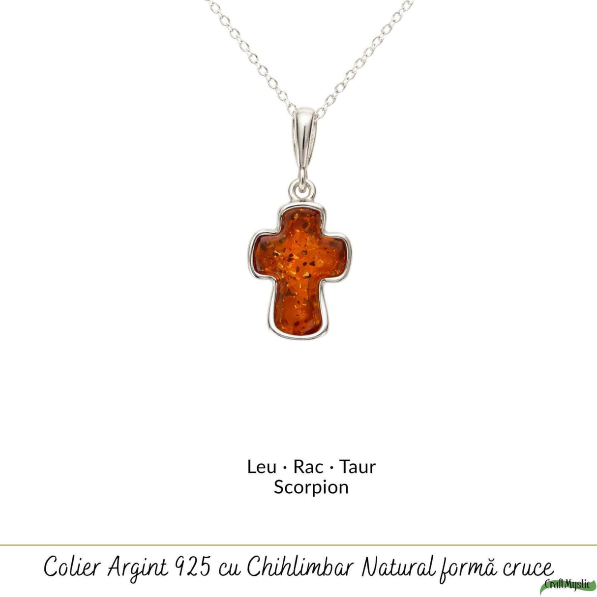 Colier argint 925 cu cruce mica si chihlimbar natural - Protectie si energie solara