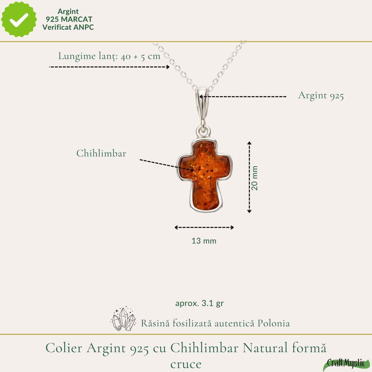 Colier argint 925 cu cruce mica si chihlimbar natural - Protectie si energie solara