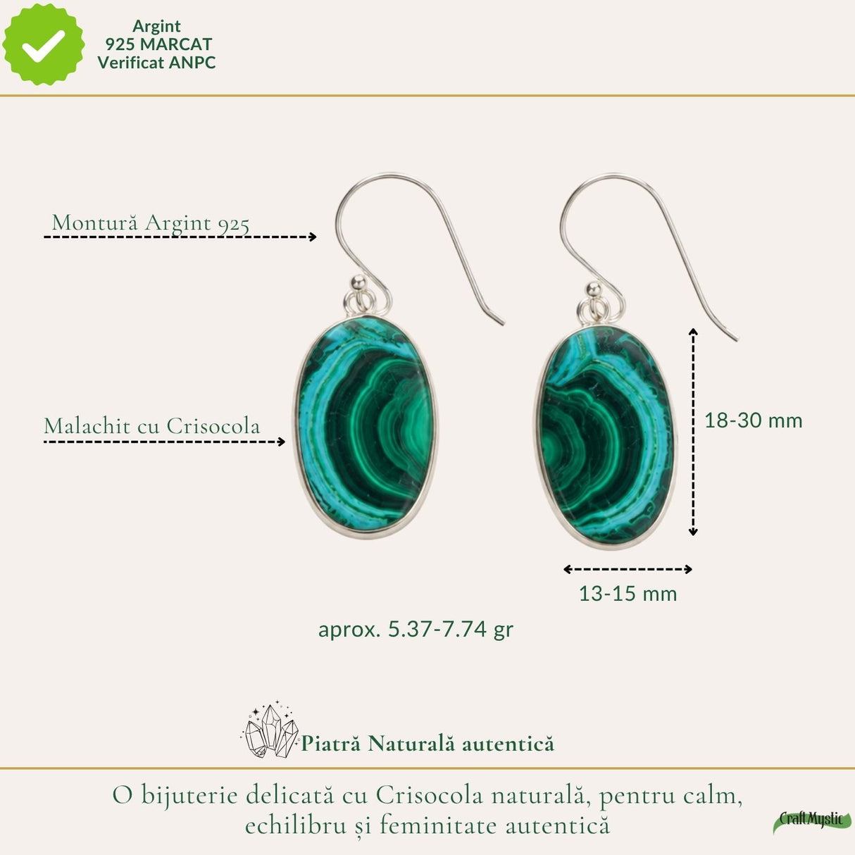 Cercei Argint 925 cu Malachit si Crisocola forma Ovala – Echilibru si Energie Feminina