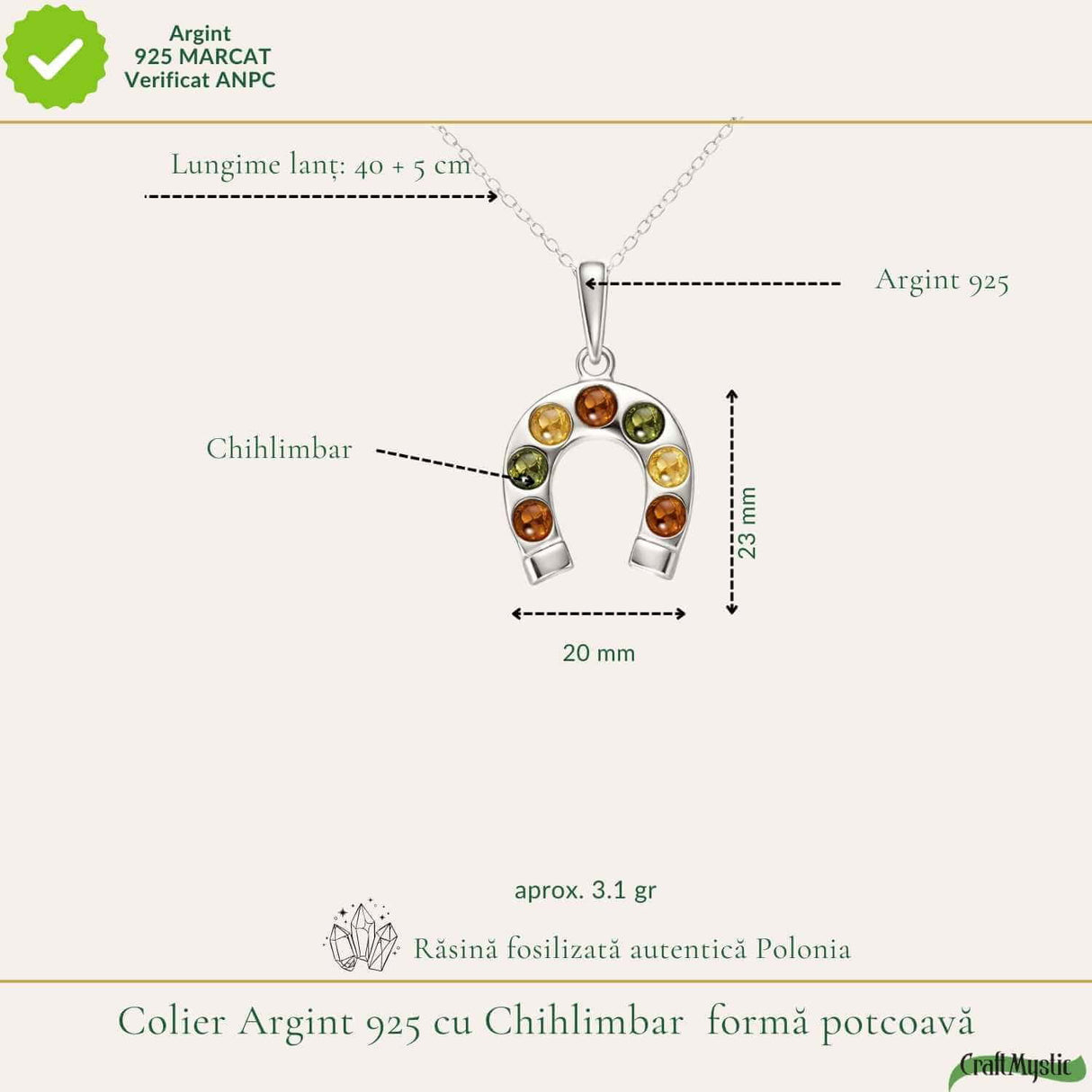Colier argint 925 cu potcoava si chihlimbar natural - Noroc si energie solara