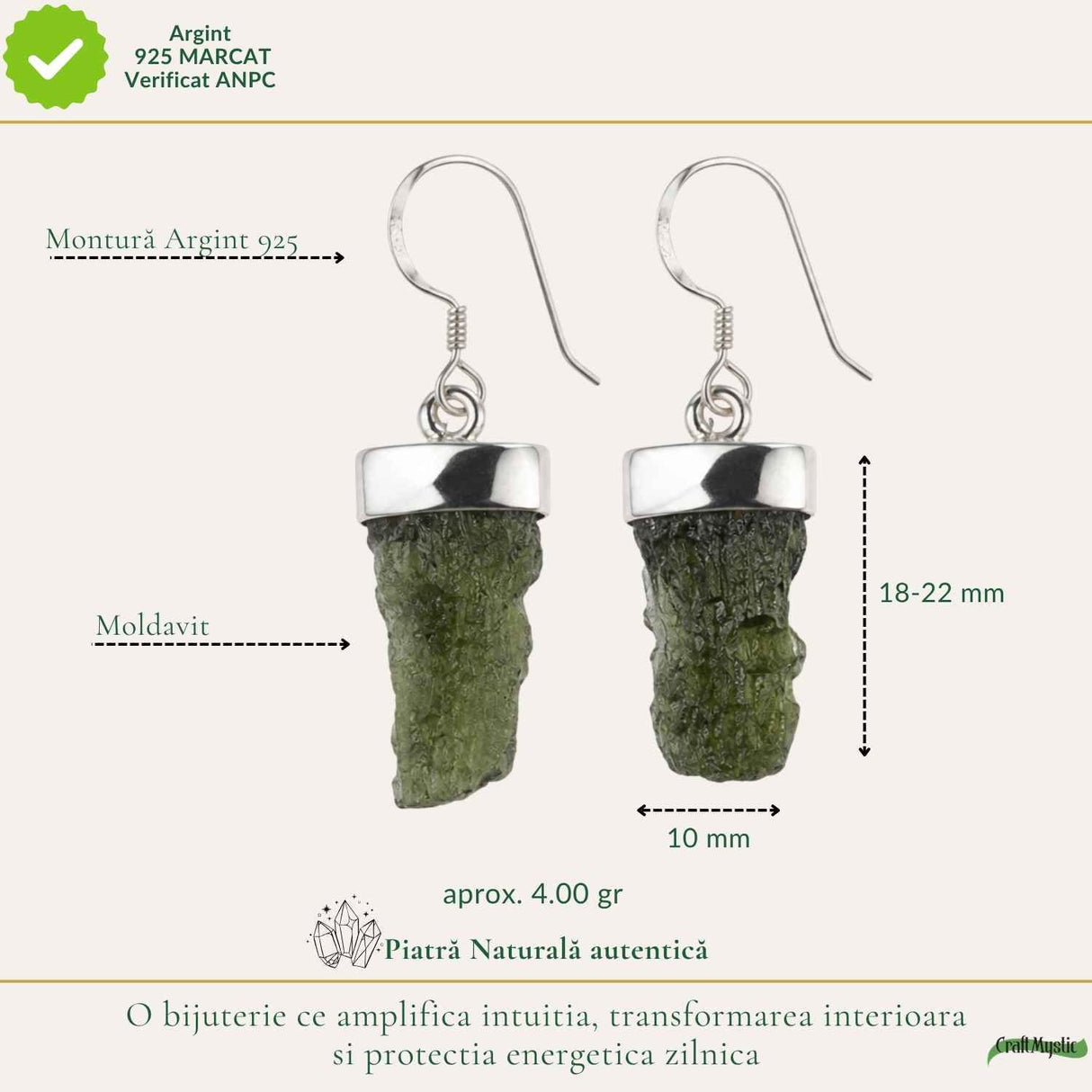 Cercei Argint 925 cu Moldavit Brut – Transformare si Energie Autentica