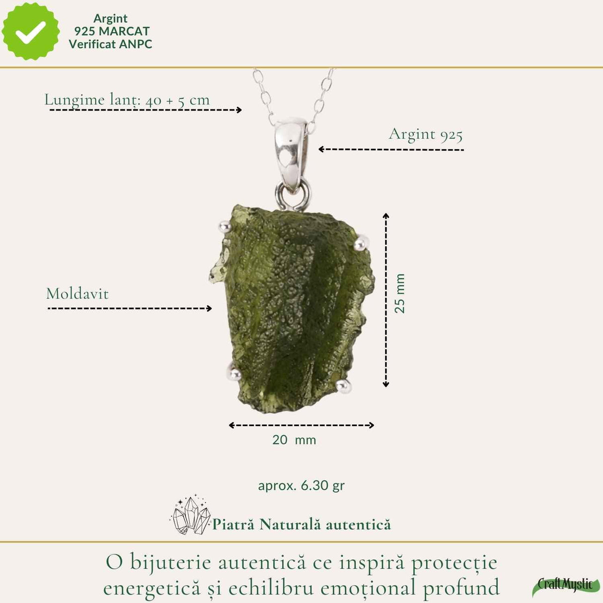 Colier Argint 925 cu Moldavit Brut Natural – Protectie si Energie Spirituala