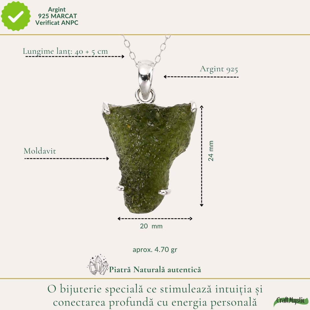 Colier Argint 925 cu Moldavit Brut Natural – Claritate si Energie Autentica