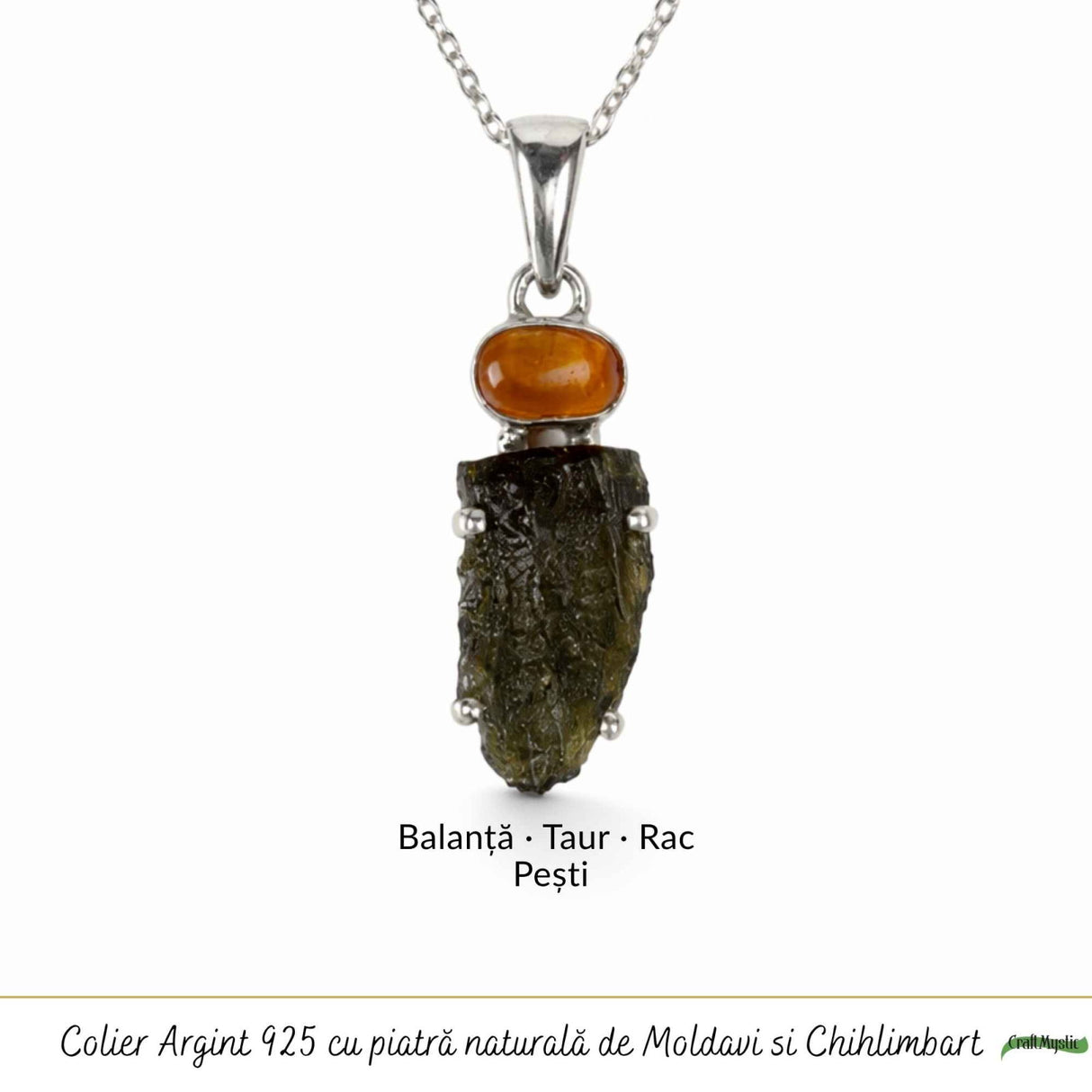 Colier argint 925 cu Moldavit si Chihlimbar Natural – Echilibru si Claritate Interioara