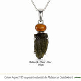 Colier argint 925 cu Moldavit si Chihlimbar Natural – Echilibru si Claritate Interioara