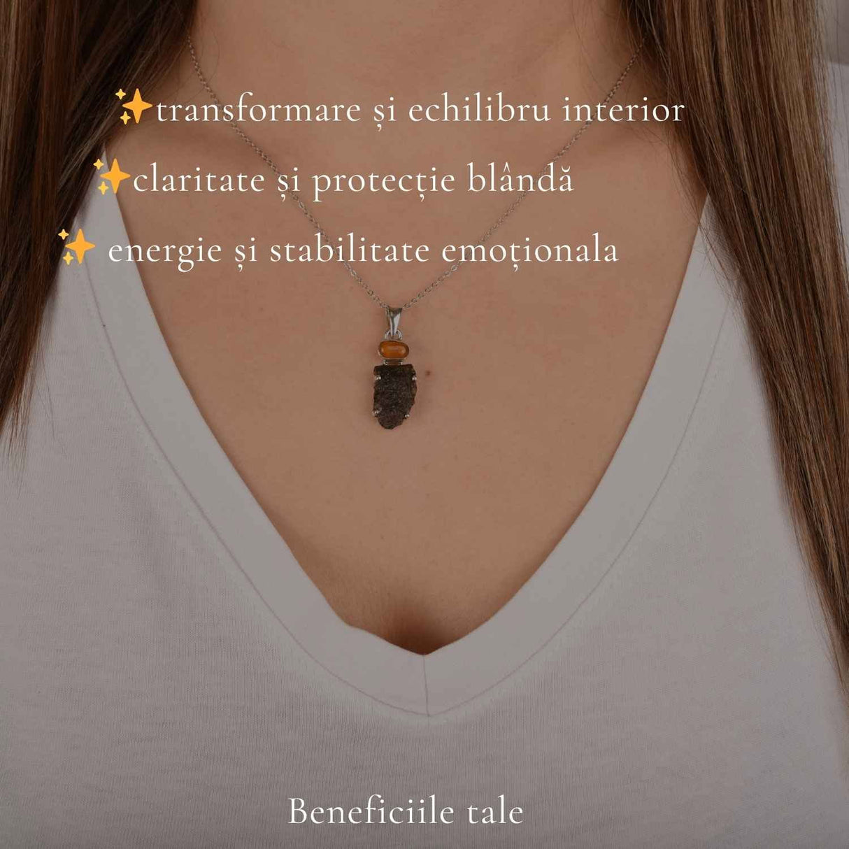 Colier argint 925 cu Moldavit si Chihlimbar Natural – Echilibru si Claritate Interioara