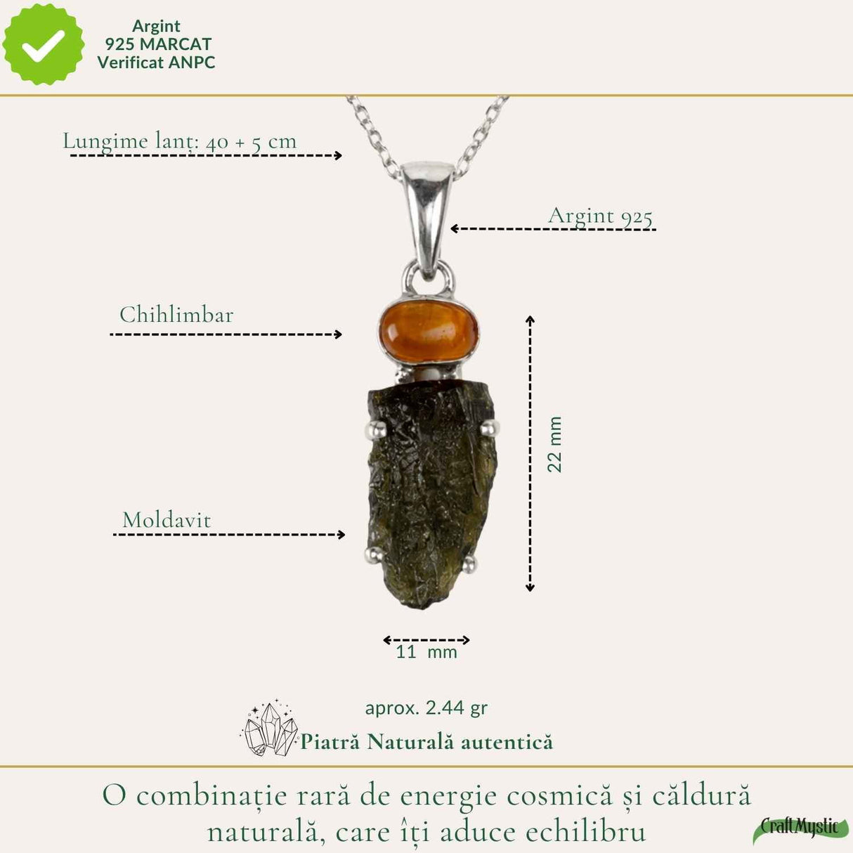 Colier argint 925 cu Moldavit si Chihlimbar Natural – Echilibru si Claritate Interioara