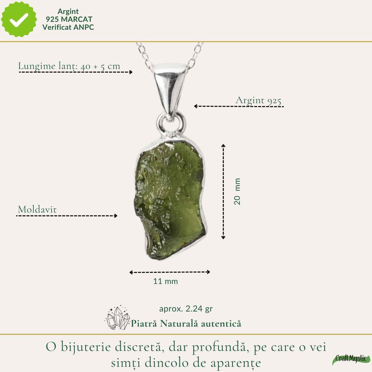 Colier argint 925 cu moldavit brut neregulat – energie si claritate interioara