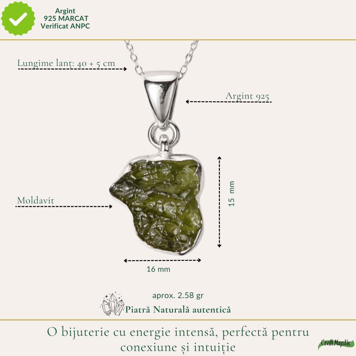 Colier argint 925 cu moldavit brut neregulat – energie si transformare autentica