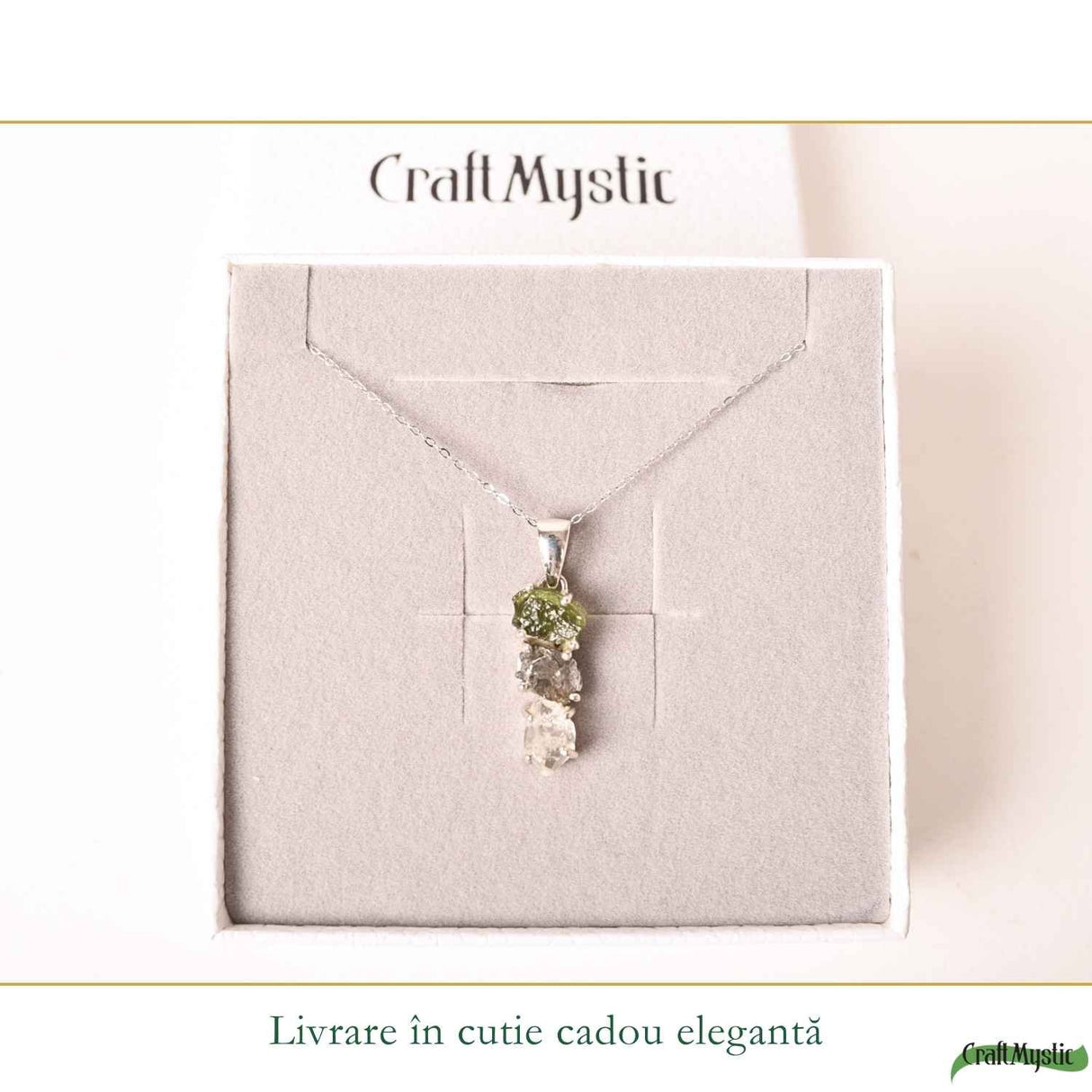 Colier Argint 925 cu Moldavit, Herkimer si Meteorit Brut – Energie si Transformare