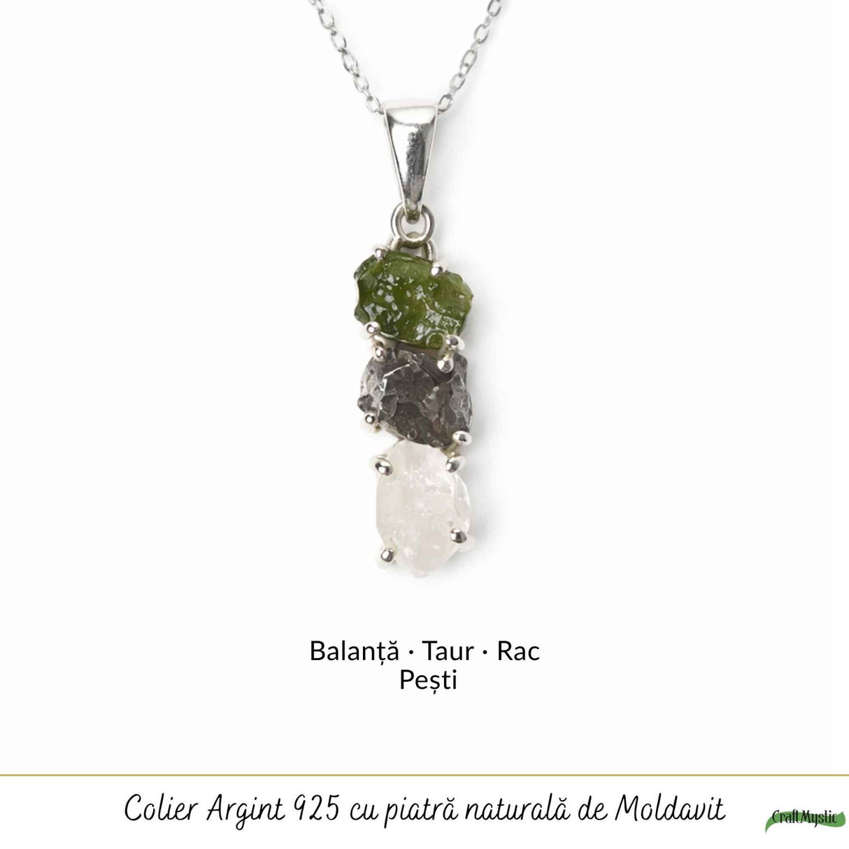 Colier Argint 925 cu Moldavit, Herkimer si Meteorit Brut – Energie si Transformare