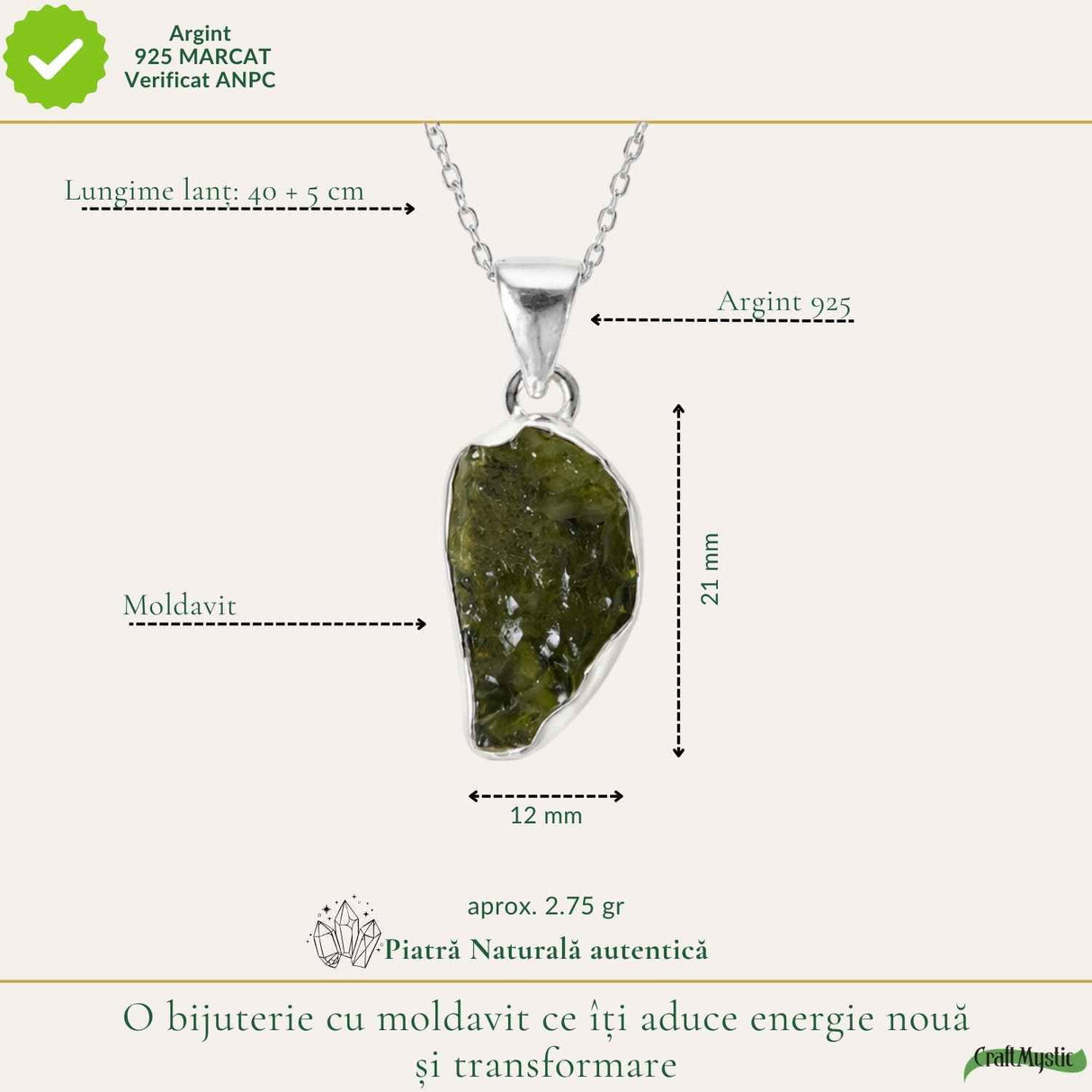 Colier Moldavit Brut Neuniform Argint 925 – Transformare si Claritate Interioara