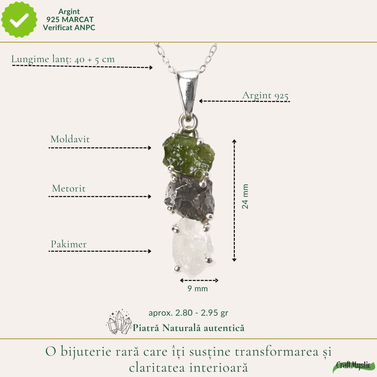 Colier Argint 925 cu Moldavit, Herkimer si Meteorit Brut – Energie si Transformare