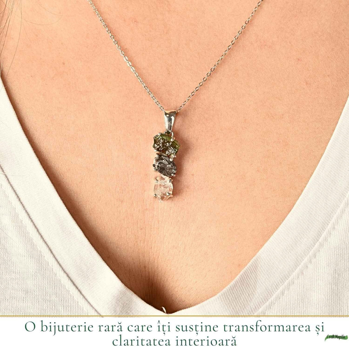 Colier Argint 925 cu Moldavit, Herkimer si Meteorit Brut – Energie si Transformare