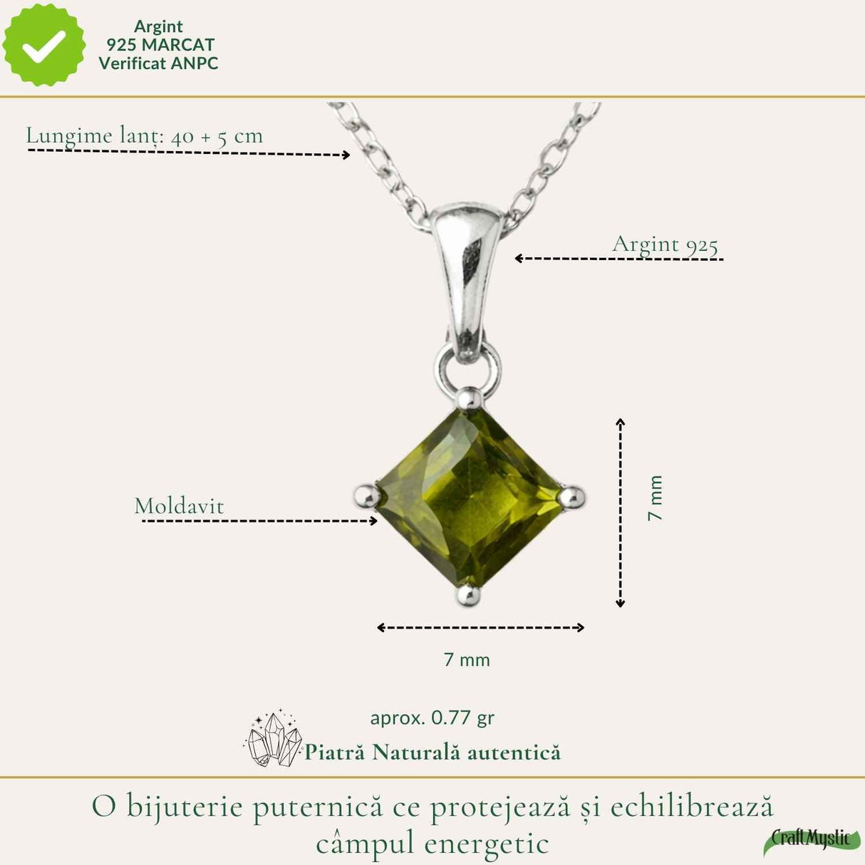 Colier Argint 925 cu Moldavit Fatetat Patrat mic– Claritate si Transformare Interioara