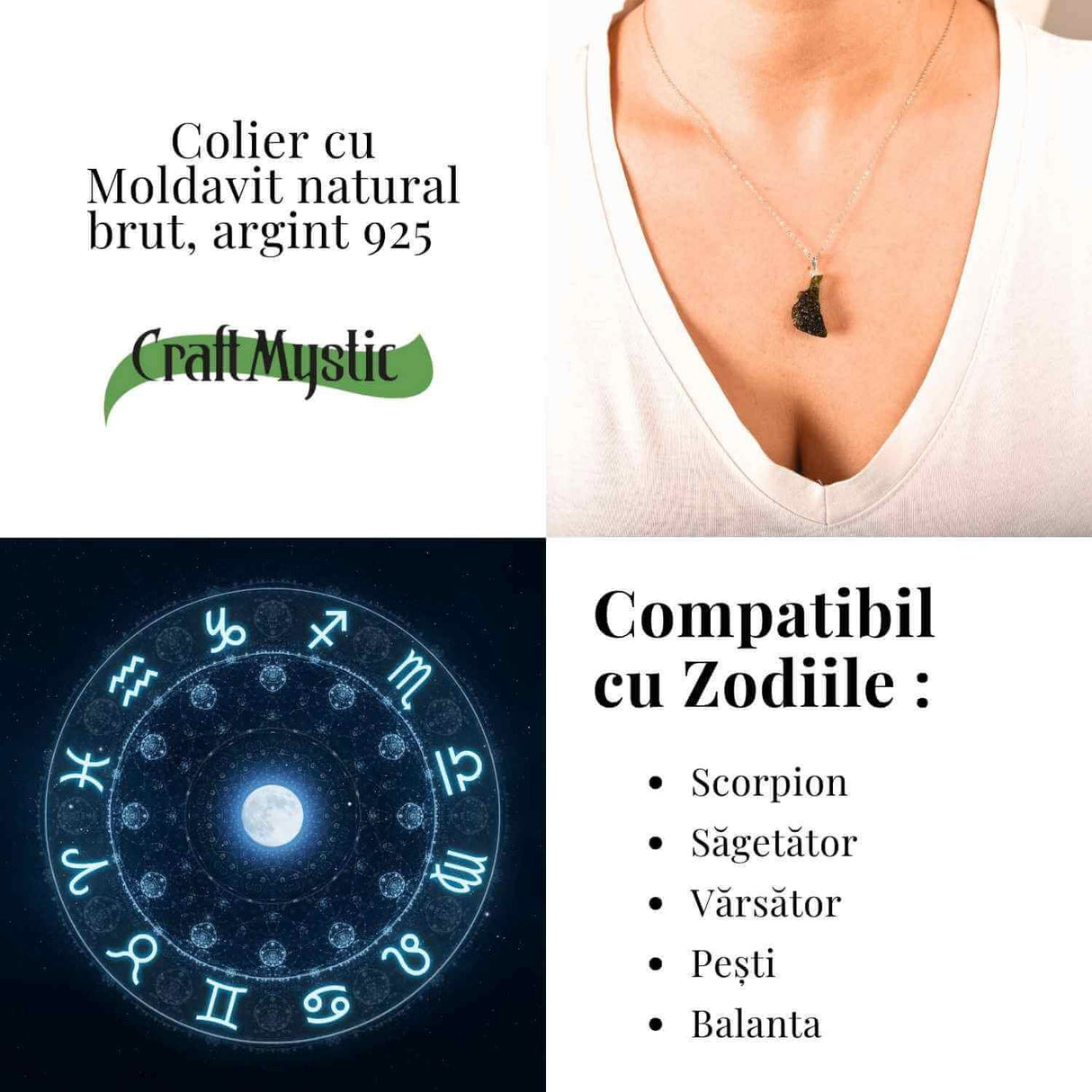 Colier Argint 925 cu Moldavit natural brut 2.6 g -sustinere simbolica pentru schimbare si introspectie
