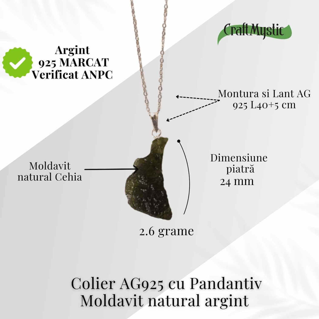 Colier Argint 925 cu Moldavit natural brut 2.6 g -sustinere simbolica pentru schimbare si introspectie